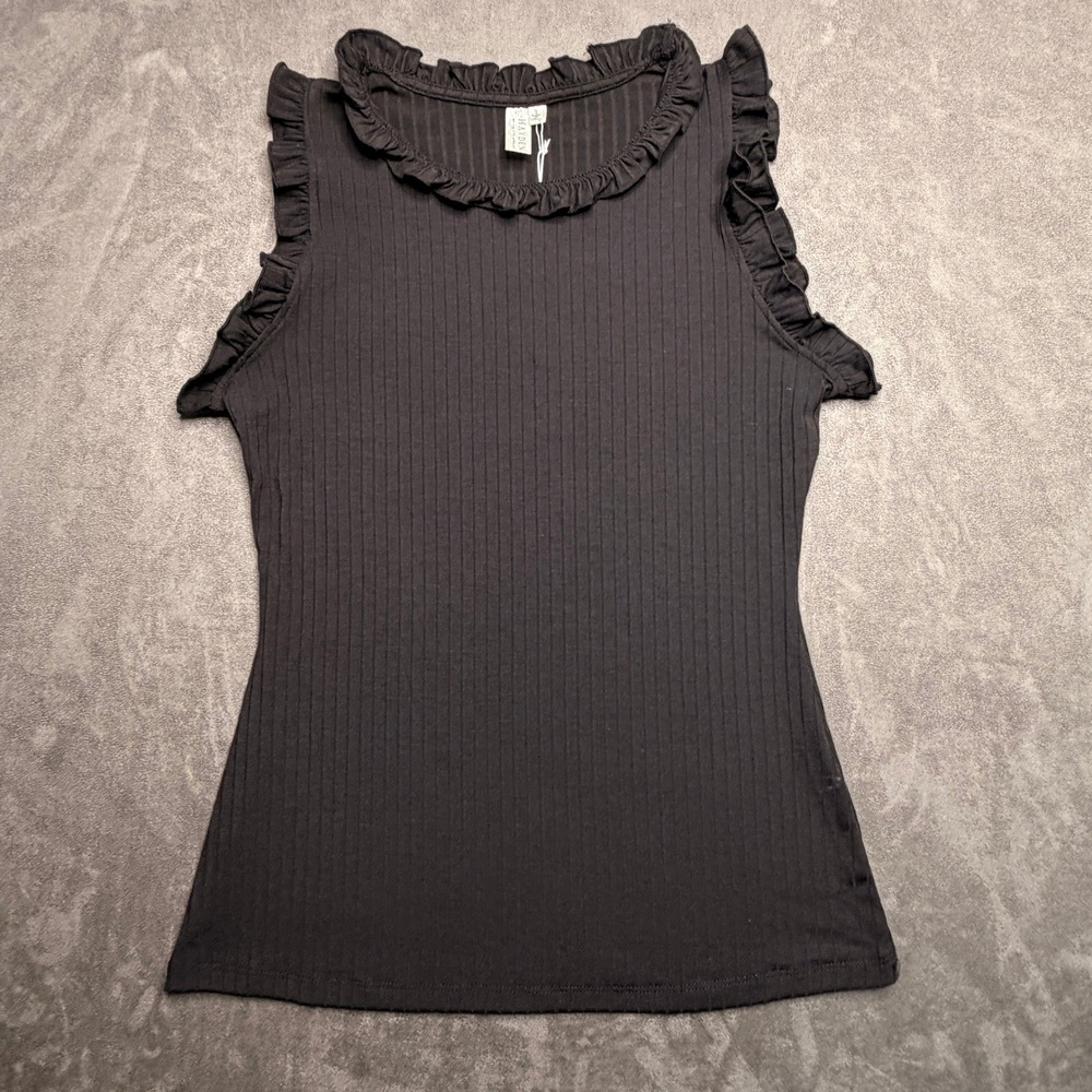 Hayden Ruffle Trim Ribbed Tank Top Women S Black Sleeveless Knit H5859‎ NEW